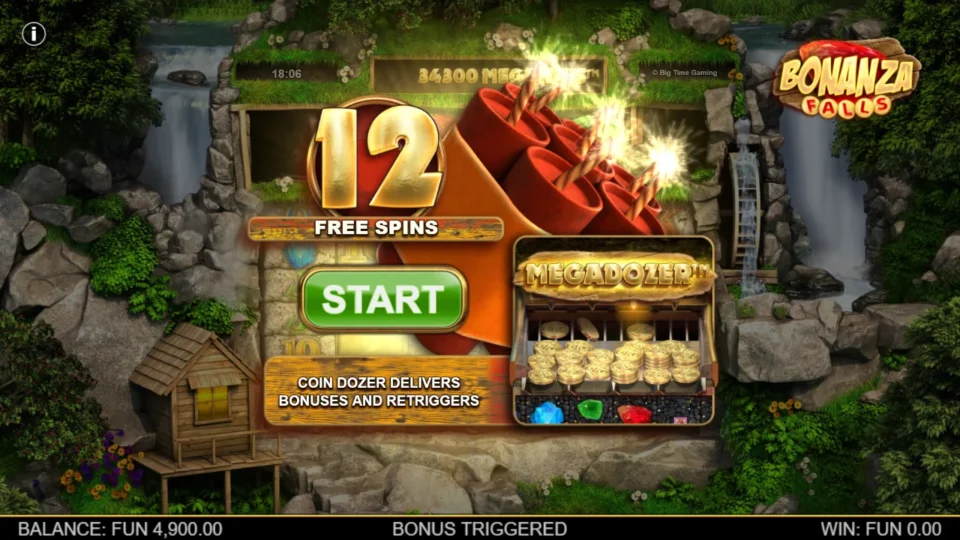 Bonanza Falls: A 12 FREE SPINS card with a START button and the Megadozer coin chest after a purchase