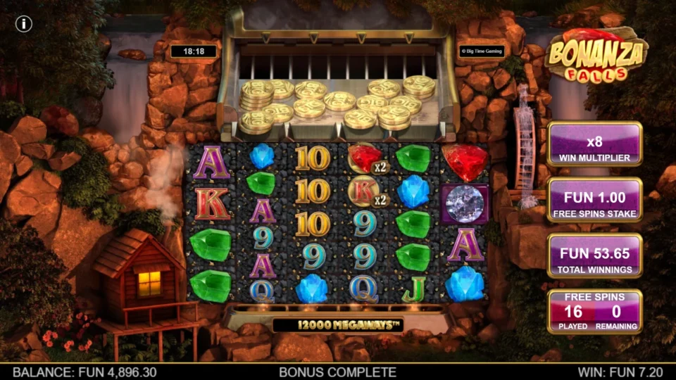 Bonanza Falls: Total winnings of FUN 53.65 once all 16 free spins are played, multiplier at x8