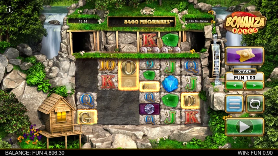 Bonanza Falls: Highlighted GOLD Scatters on an 8,400 Megaways screen open a 16-spin bonus