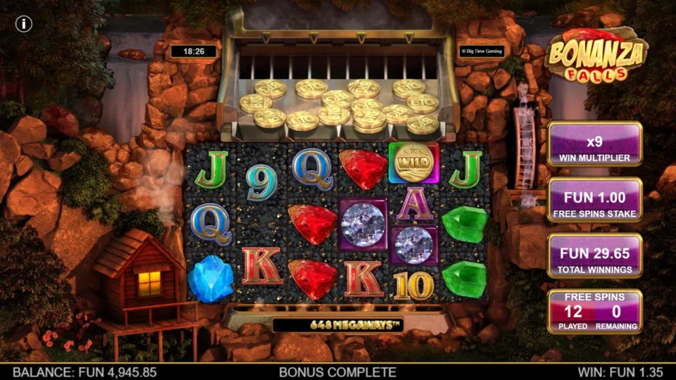 Bonanza Falls: Twelve free spins end on FUN 29.65 with the win multiplier at x9