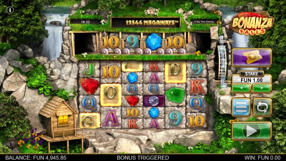 Bonanza Falls: Glowing Scatters across the grid begin a natural 12-spin bonus