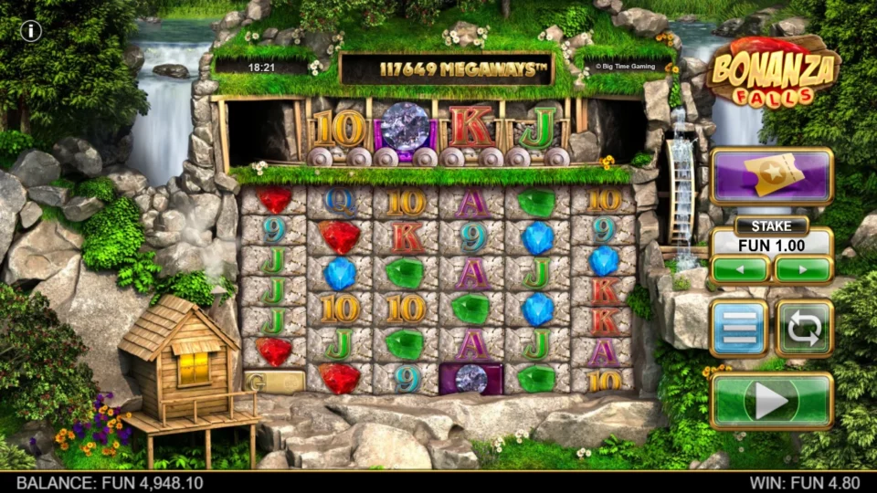 Bonanza Falls: Royals and gems fill all 117,649 Megaways for a FUN 4.80 base win