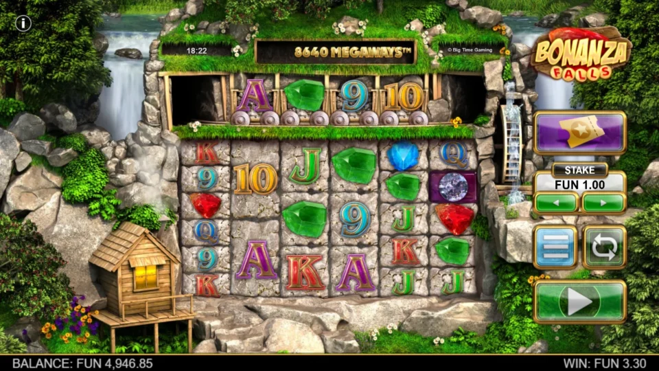Bonanza Falls: Green gems spread over six tall reels during a FUN 3.30 reaction