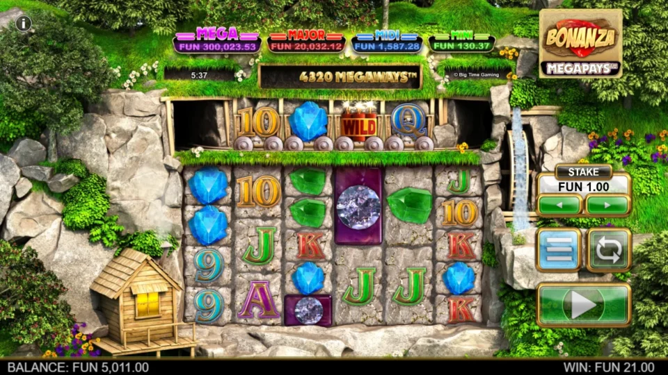 Bonanza Megapays: Base spin paying FUN 21.00 on 4,320 Megaways with a Wild in the third cart