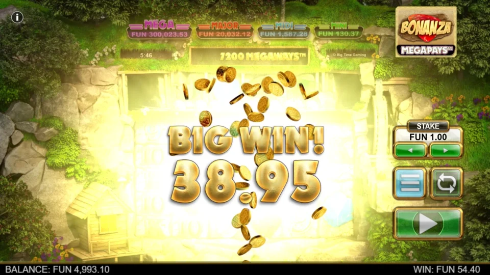 Bonanza Megapays: Big Win counter at 38.95 on its way to a FUN 54.40 base win