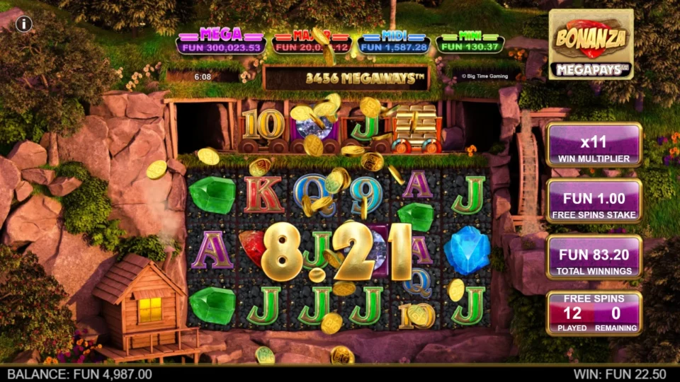 Bonanza Megapays: Bonus result of FUN 83.20 in total winnings while the last spin still counts up