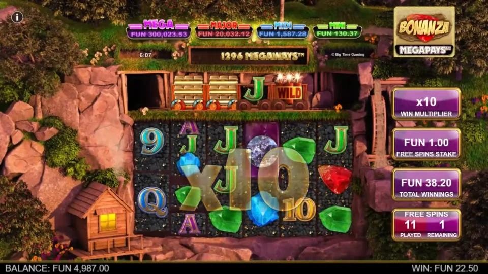 Bonanza Megapays: x10 flashes on free spin 11 with a Wild riding in the last cart