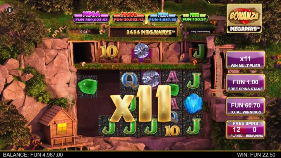 Bonanza Megapays: x11 lands on the twelfth and last free spin with FUN 60.70 banked