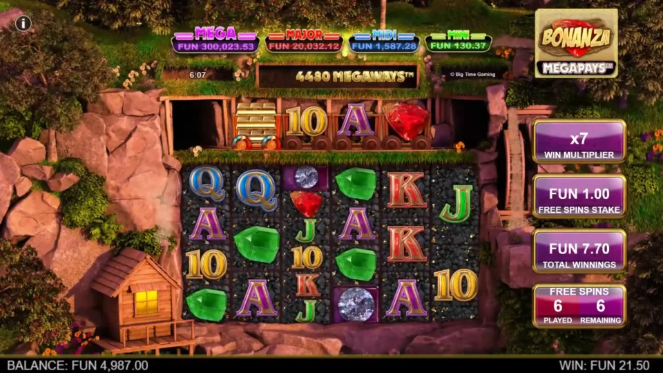 Bonanza Megapays: Win multiplier at x7 on free spin 6 as the screen pays FUN 21.50