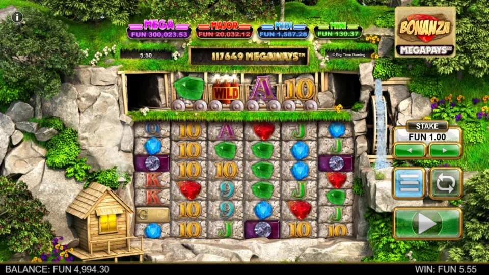 Bonanza Megapays: All 117,649 Megaways open with seven symbols on every reel for a FUN 5.55 win