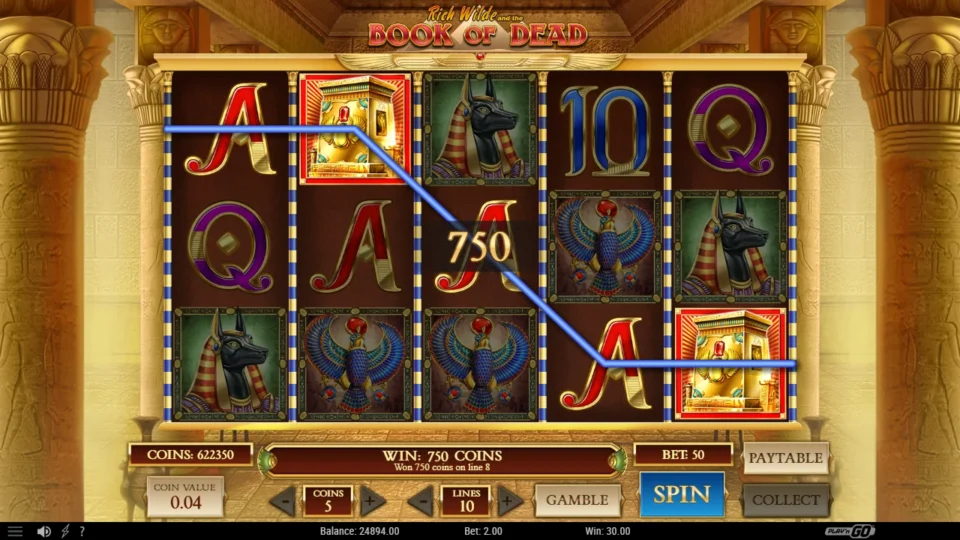 Book of Dead: Five Aces through two Tomb Wilds on line 8 pay 750 coins, DEMO 30.00 at a DEMO 2.00 bet