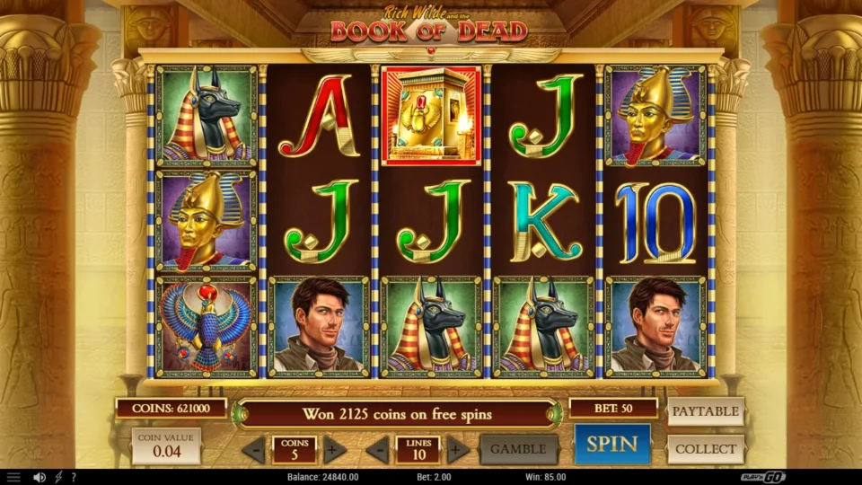 Book of Dead: Free spins result: 2,125 coins credited as DEMO 85.00 on a DEMO 2.00 bet, GAMBLE and COLLECT on offer