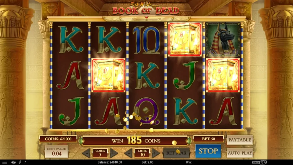 Book of Dead: Three Tomb scatters on reels two, four and five open the feature while the win counter is still climbing