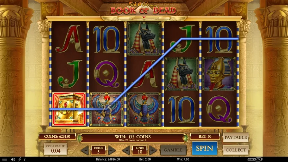 Book of Dead: Two Horus with the Tomb as Wild on line 9 add 25 coins to a 175-coin spin, DEMO 7.00
