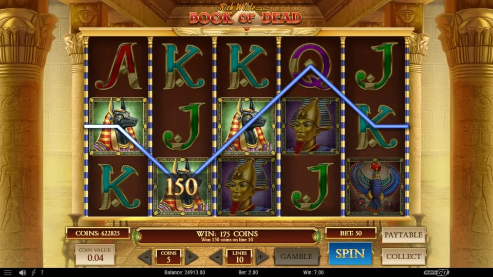 Book of Dead: Three Anubis on line 10 return 150 coins of a 175-coin spin, DEMO 7.00