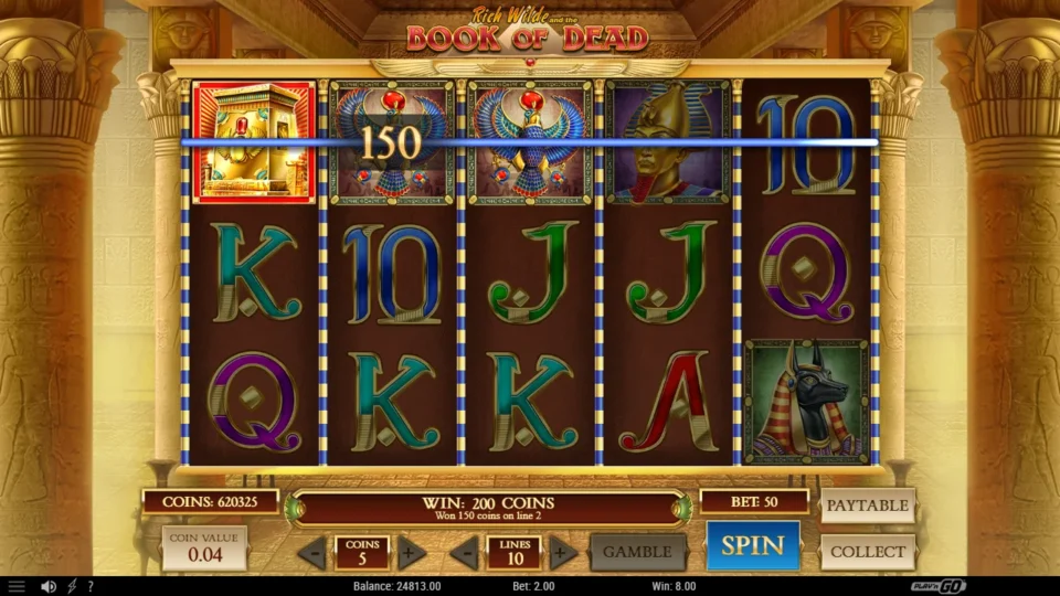 Book of Dead: A Tomb Wild on reel one completes three Horus on line 2 for 150 coins, DEMO 8.00 in total