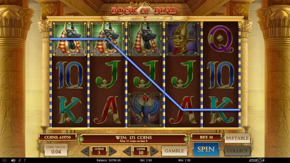 Book of Dead: Anubis pairs on the top row: 25 coins on line 8 inside a 175-coin spin, DEMO 7.00
