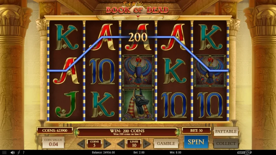 Book of Dead: Four Aces on line 6 pay 200 coins, DEMO 8.00 at a DEMO 2.00 bet