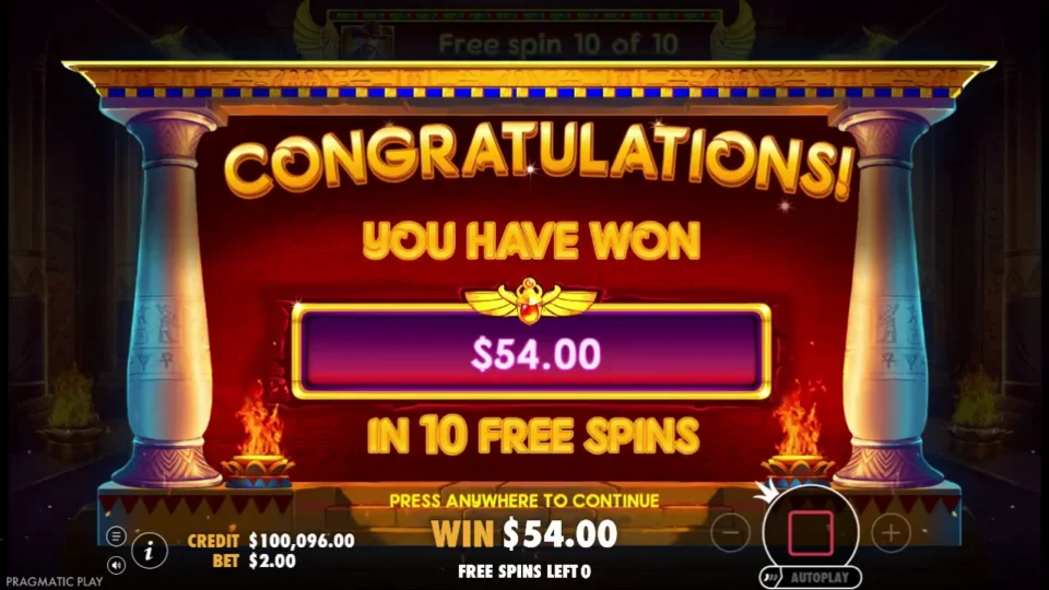 Book of the Fallen: The purchased ten-spin feature closes with a USD 54 result and the credit counter settled