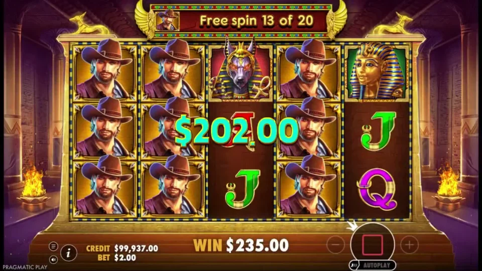 Book of the Fallen: Three expanded reels produce a USD 202 spin, combining USD 200 from expansion with USD 2 on ordinary lines