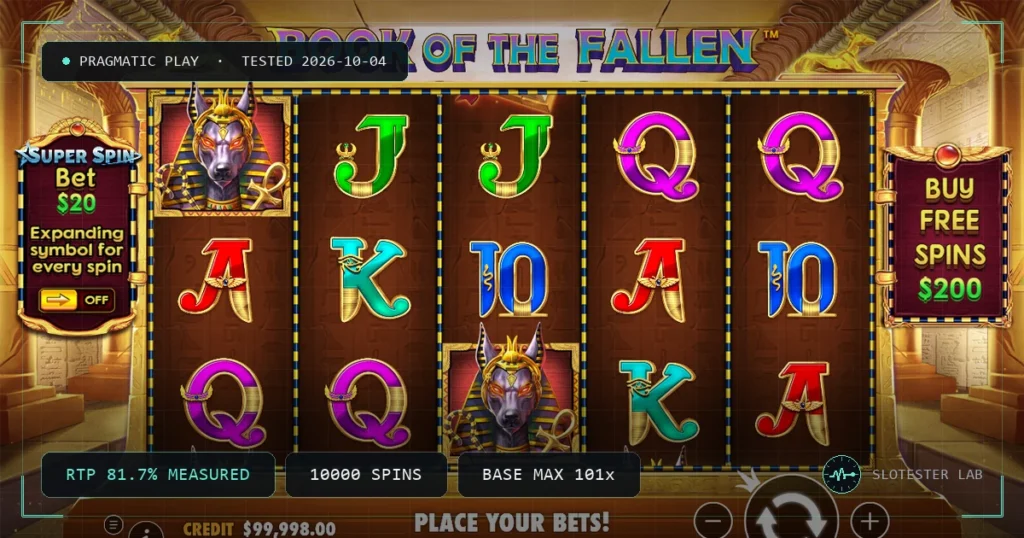 Book of the Fallen — Slotester Lab test cover