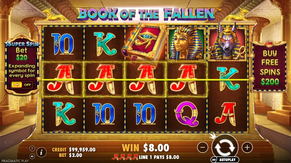 Book of the Fallen: Four Aces cross the middle row for USD 8 on line 1
