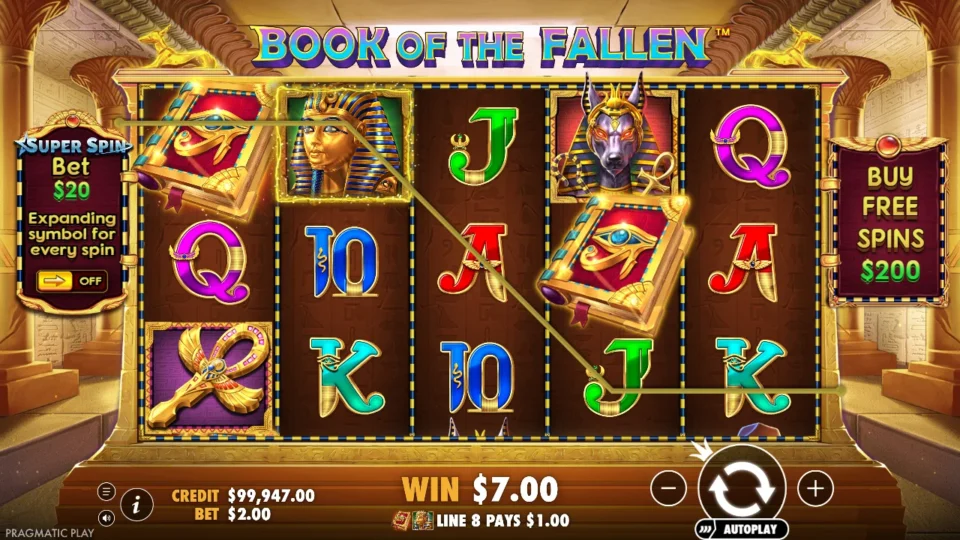 Book of the Fallen: A Book stands in for the Pharaoh on line 8, paying USD 1 within a USD 7 spin