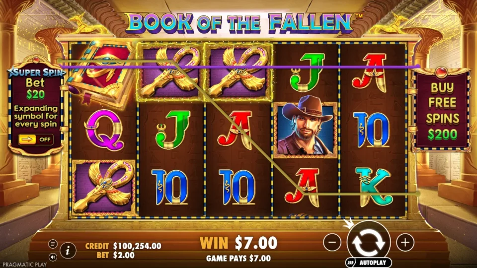 Book of the Fallen: Book substitution completes an Ankh combination within the displayed USD 7 payout