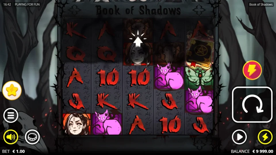 Book of Shadows: The lower three rows carry ten paylines; the shaded upper rows are inactive at a EUR 1 stake
