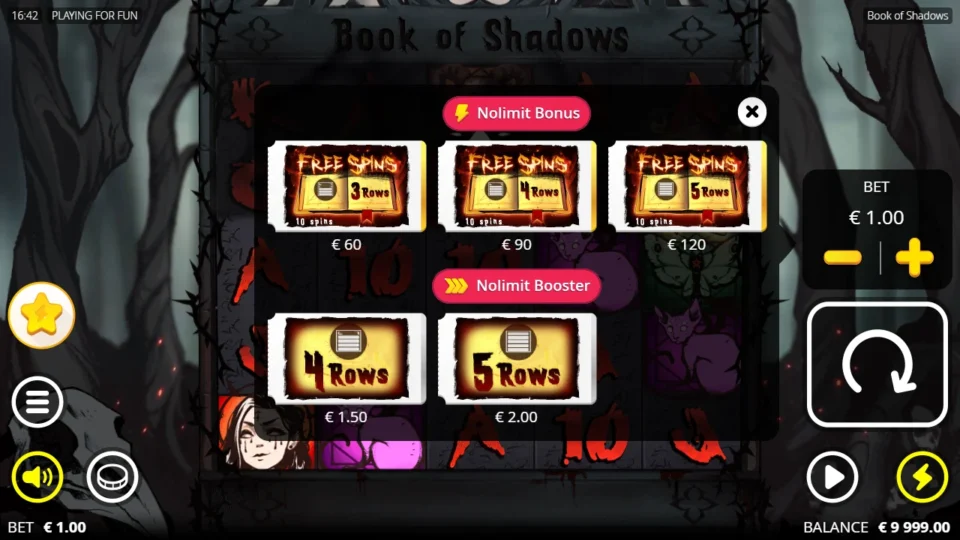 Book of Shadows: Three, four and five-row tickets cost EUR 60, EUR 90 and EUR 120 at this base stake