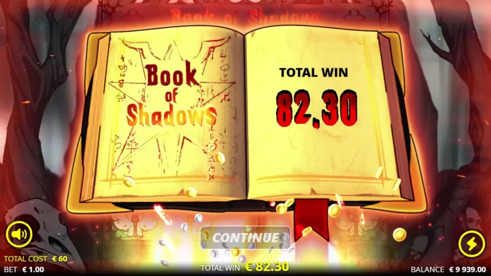 Book of Shadows: The completed result is EUR 82.30 from twenty free spins after the EUR 60 ticket retriggers