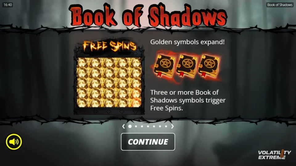 Book of Shadows: The opening panel introduces expanding Golden Symbols and the three-Book free-spin trigger