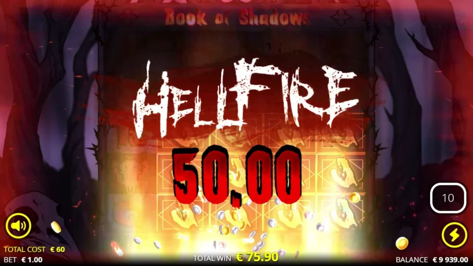 Book of Shadows: Four reels of Golden Jacks pay EUR 50 as the feature total reaches EUR 75.90