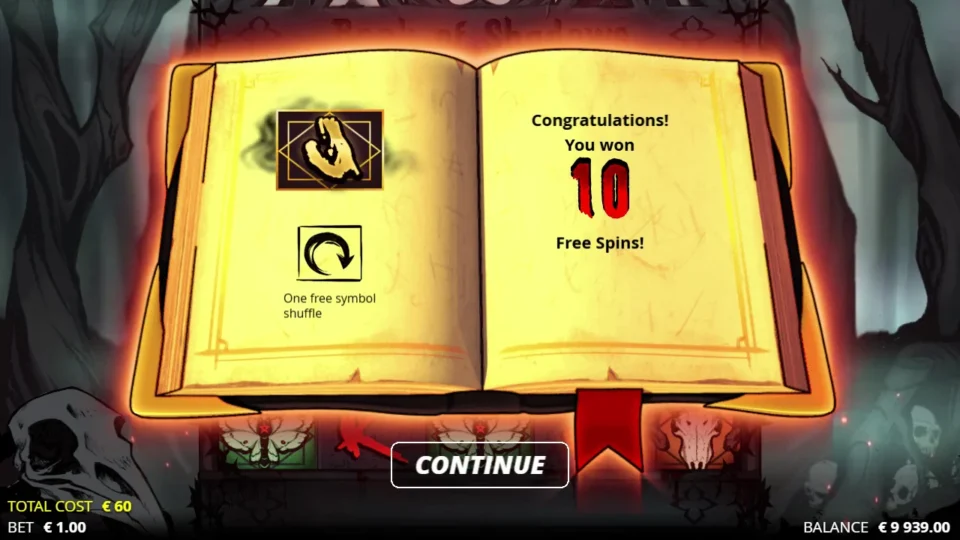 Book of Shadows: The purchased feature opens with ten spins and a Golden Jack; the optional reshuffle is unused