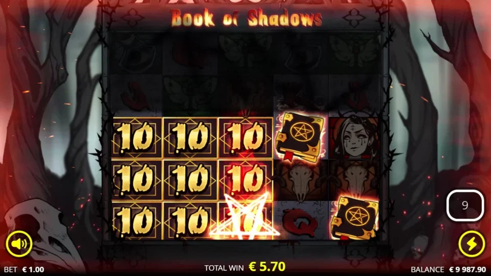 Book of Shadows: Golden Tens fill the first three reels during a natural feature, with nine spins still displayed