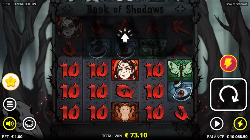 Book of Shadows: After the natural feature, expanded Tens remain on reels one, two and four; EUR 73.10 has been credited