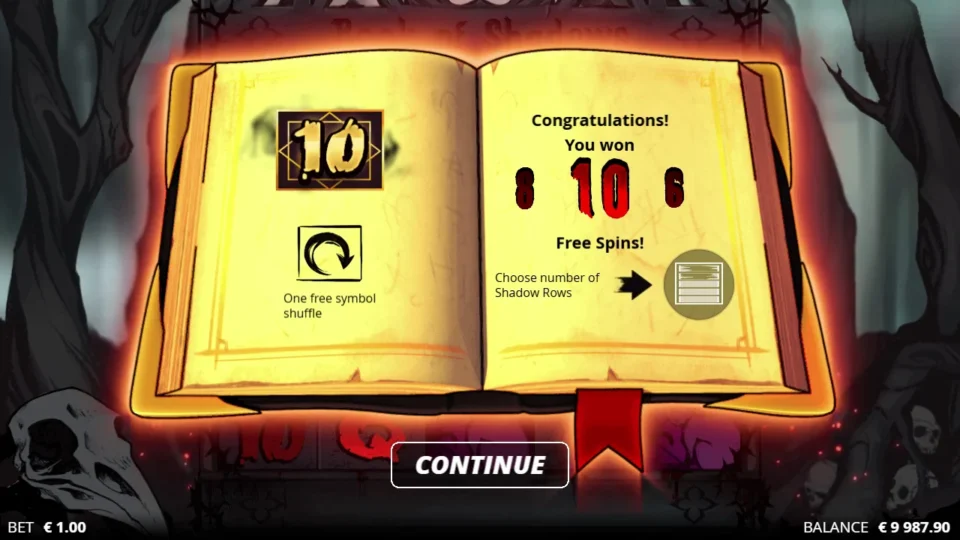 Book of Shadows: A natural entry offers ten, eight or six spins across three, four or five rows; the Golden Ten is kept