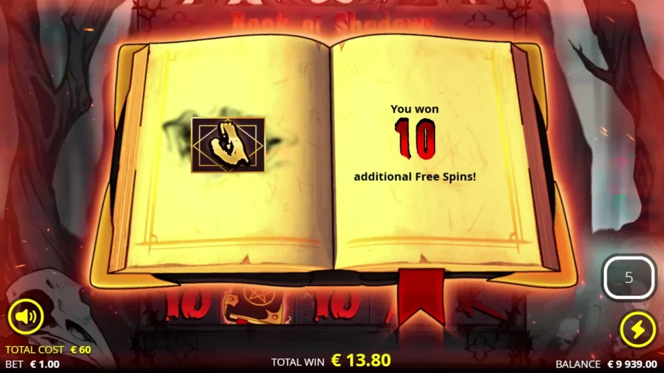 Book of Shadows: Three Books award ten additional free spins while the running total shows EUR 13.80