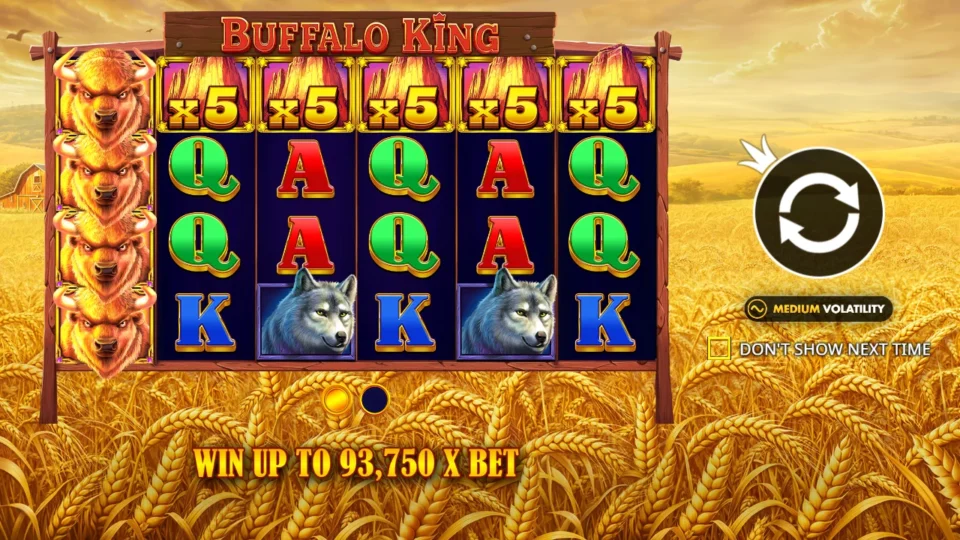 Buffalo King: Intro art with x5 Wilds over five reels, four buffalos on the first and a win-up-to-93,750x-bet line