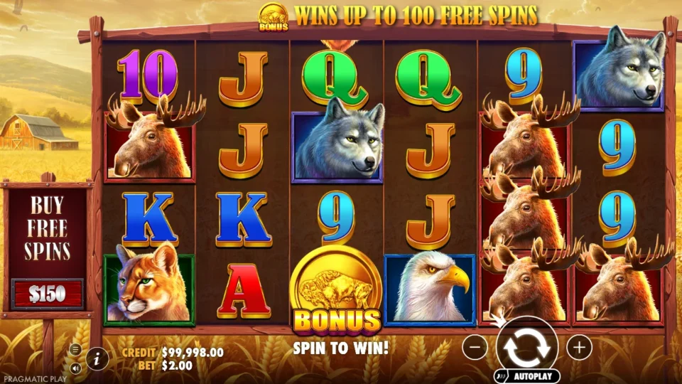Buffalo King: Demo reels at a USD 2.00 bet, a BONUS coin on reel 3 and three moose stacked on reel 5 beside the USD 150 buy sign