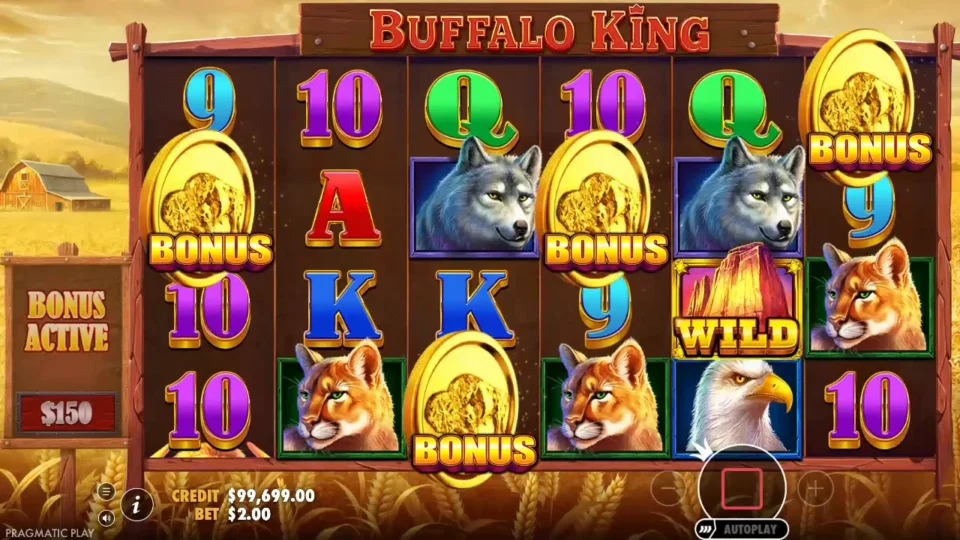 Buffalo King: The USD 150 buy spin lands four BONUS coins on reels 1, 3, 4 and 6 while the side sign reads BONUS ACTIVE