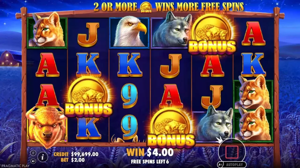 Buffalo King: Three BONUS coins on reels 2, 4 and 5 under the two-or-more retrigger banner, with six free spins left and USD 4.00 won