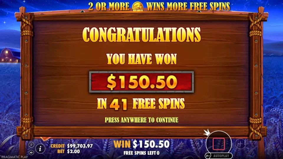 Buffalo King: Closing card of the USD 150 buy with its final result, USD 150.50 from 41 free spins