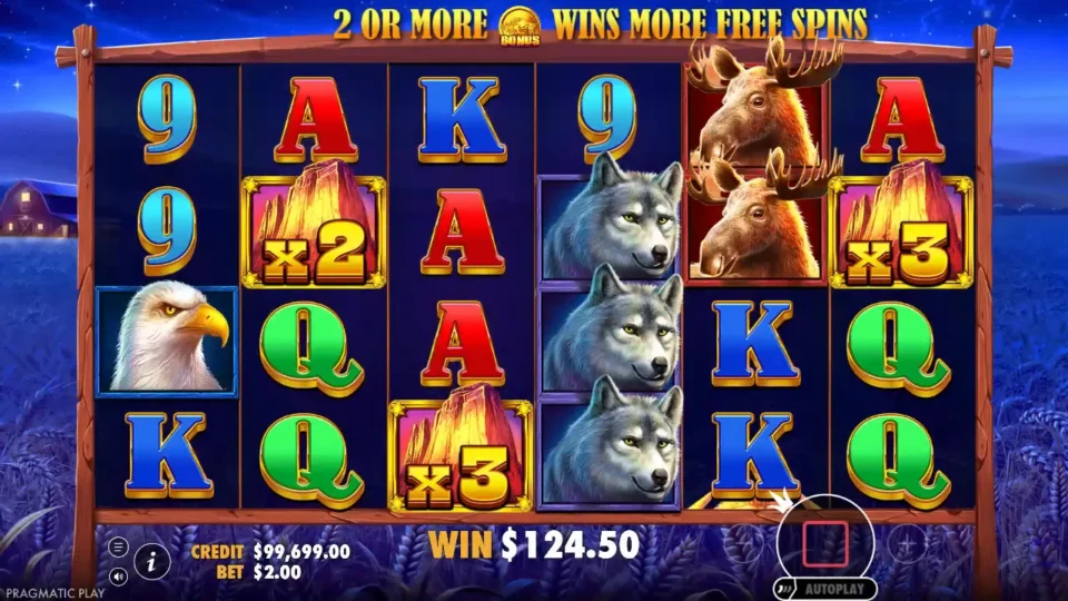 Buffalo King: Wilds at x2 and x3 on the second and third reels and a second x3 on the sixth, with USD 124.50 banked