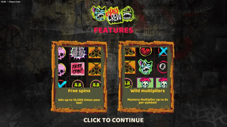 Chaos Crew: Features board with the Free spins and Wild multipliers cards sprayed over a graffiti wall