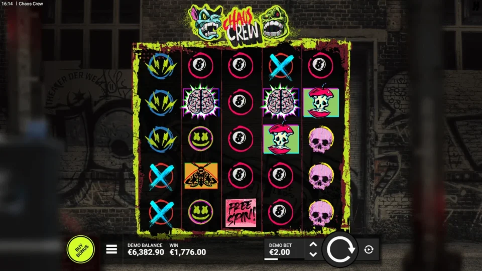 Chaos Crew: Base grid after the bought free spins with the result WIN 1,776.00 on the panel and the balance at 6,382.90