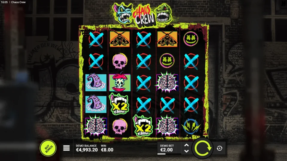 Chaos Crew: Two x2 Cranky Cats on reels two and three turn a row of brains into a WIN of 8.00