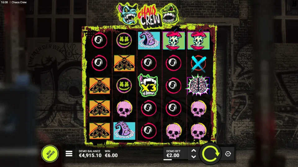 Chaos Crew: A x3 Cranky Cat in the centre column lifts a skull line to WIN 6.00