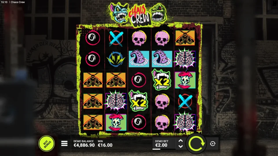 Chaos Crew: Two x2 Cranky Cats stacked across reels three and four pay 16.00 with moths on the left
