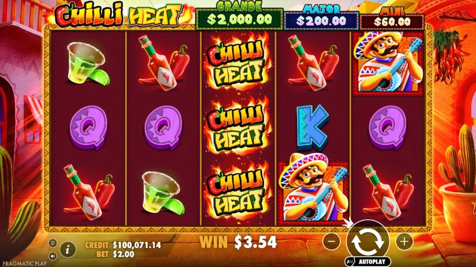 Chilli Heat: Logo Wilds filling the middle reel in the base game, mariachis on reels 4 and 5 and the win still counting at USD 3.54